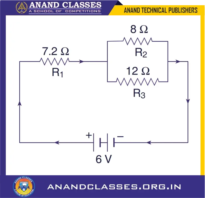 the resistors $R_2$​ and $R_3$​ are connected in parallel, and their combination is connected in series with $R_1$​. The battery provides a voltage of 6 V.
