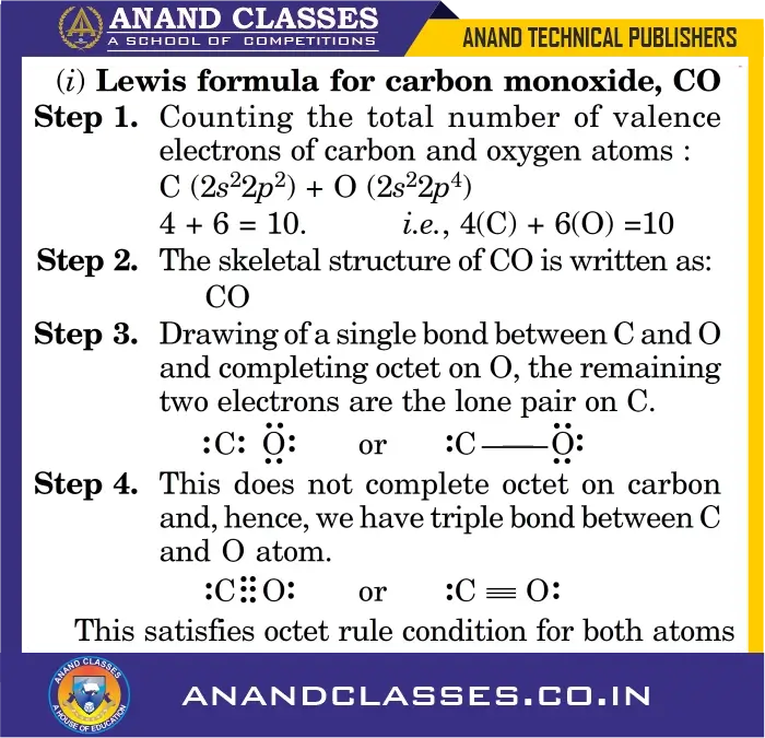 Lewis formula for carbon monoxide (CO)