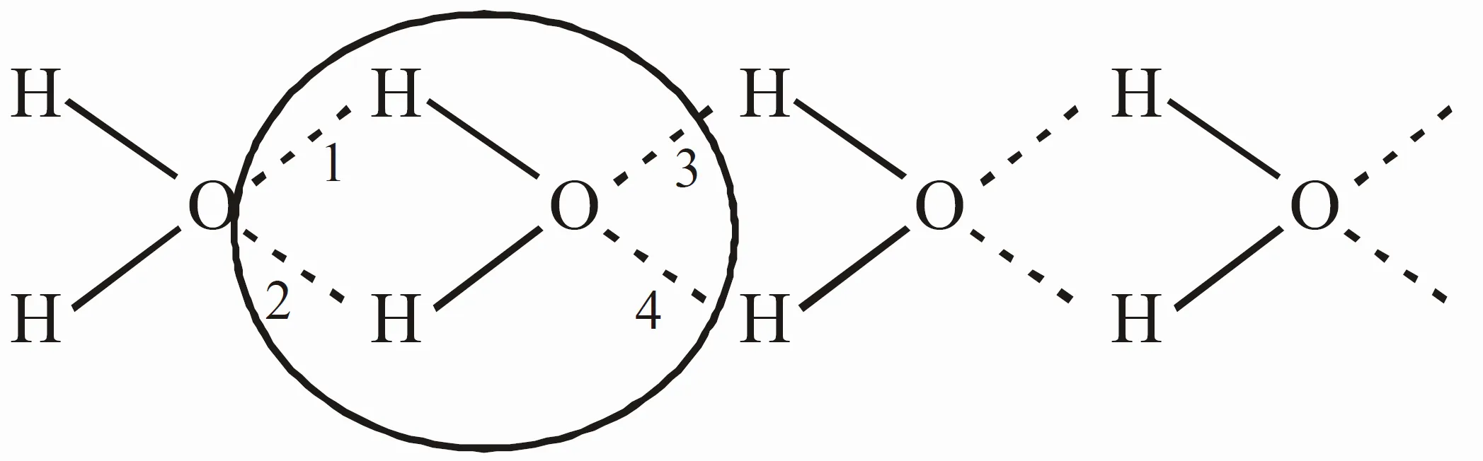 each water molecule can form four hydrogen bonds with four other water molecules, resulting in a tetrahedral arrangement around each central molecule