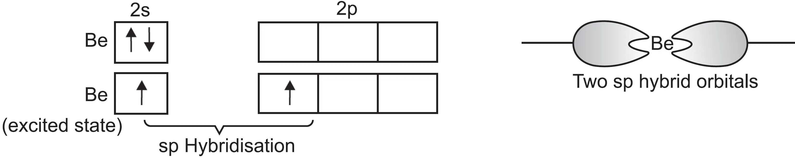 divalency of Be, one of the 2s electrons is promoted to the vacant 2p orbital. These two orbitals (2s and 2p) hybridise to form two sp hybrid orbitals. Two sp hybrid orbitals of BeF2